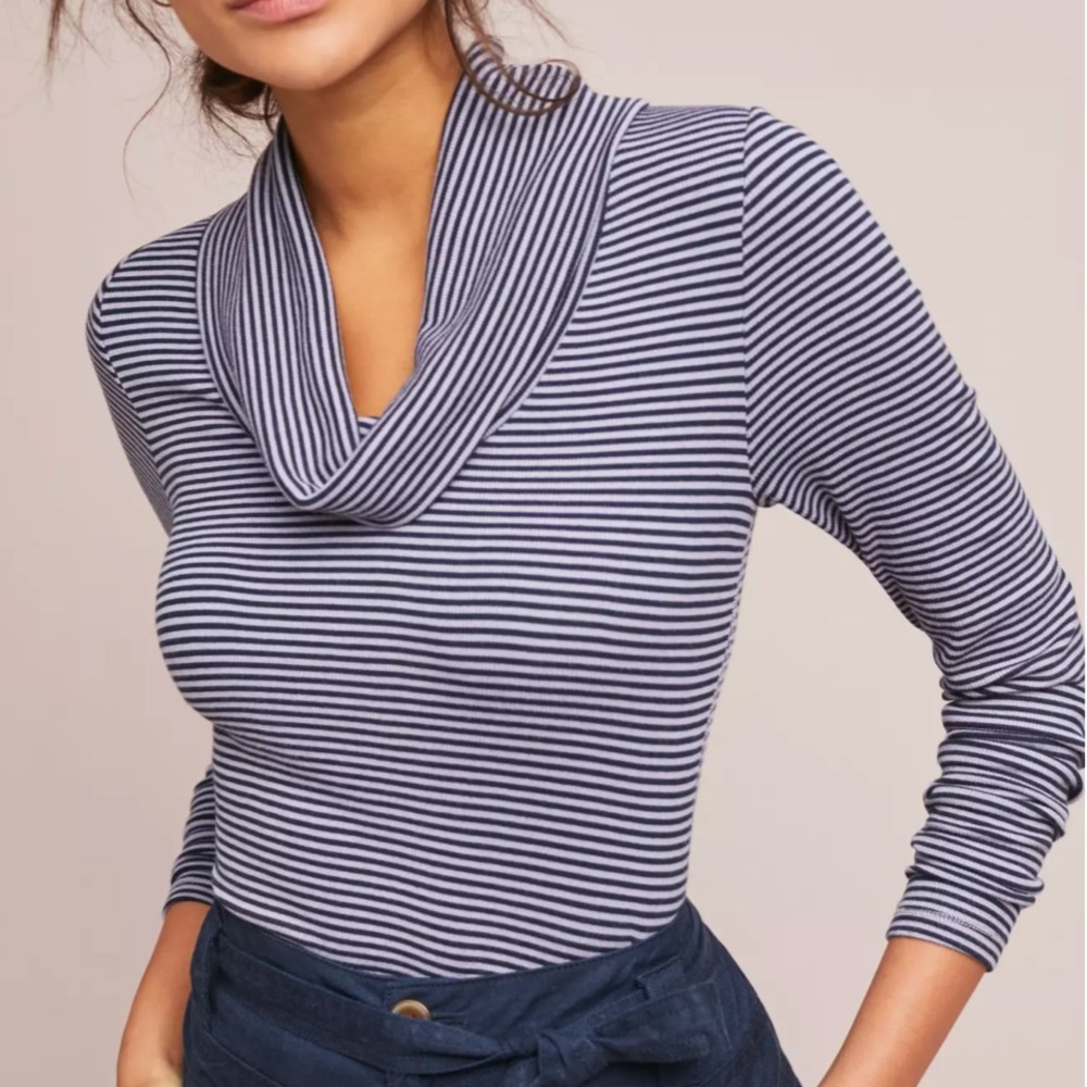PURE + GOOD Anthropologie LAVENDER STRIPE COWL NECK TOP Soft Rayon Knit SZ S